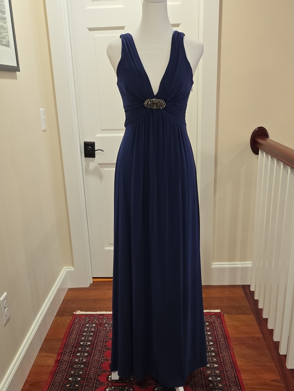 BCBGMaxAzria Navy Deep V Maxi Dress with Jeweled Waist